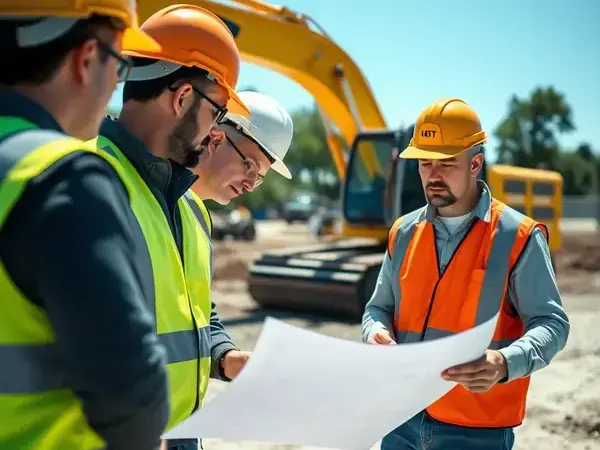 Paving company team with equipment